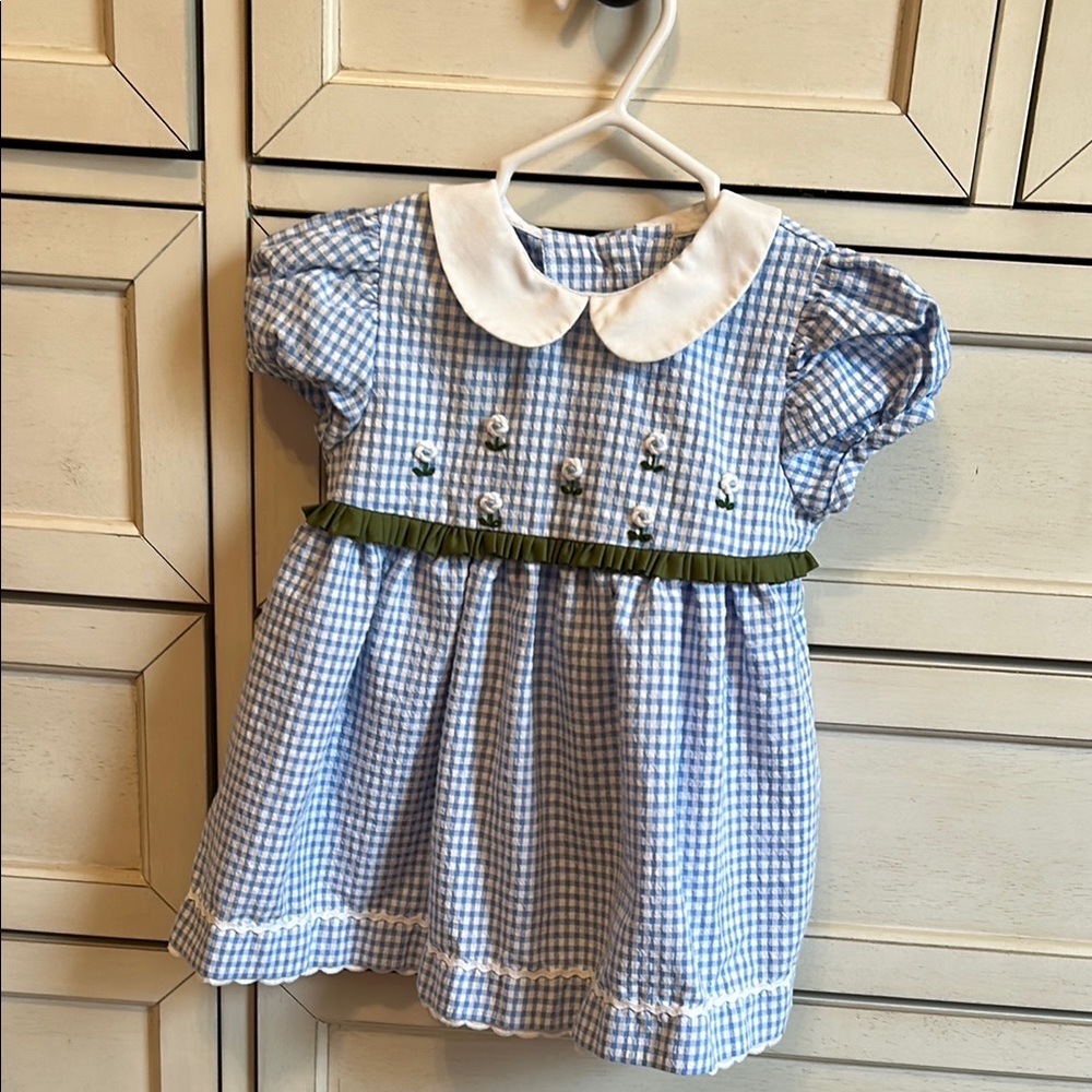 Vintage Blue Gingham Baby Dress with White Collar